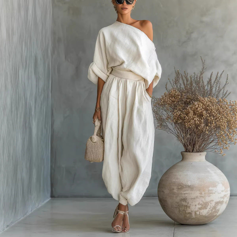 Loose top, flared pants, cotton and linen