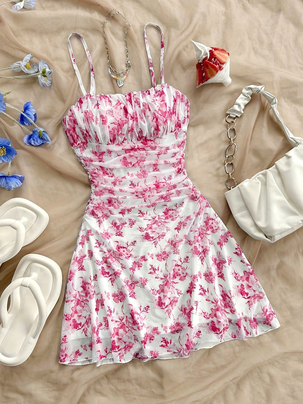Spring/Summer New French Floral Strapless Dress with Waist-Cinching Design, Perfect for Vacations and Stylish