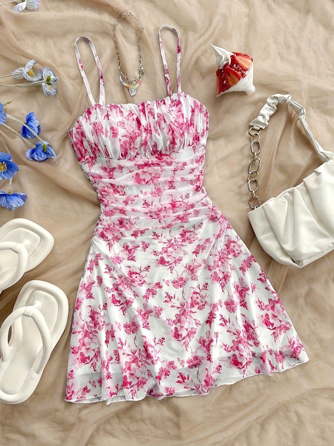 Spring/Summer New French Floral Strapless Dress with Waist-Cinching Design, Perfect for Vacations and Stylish