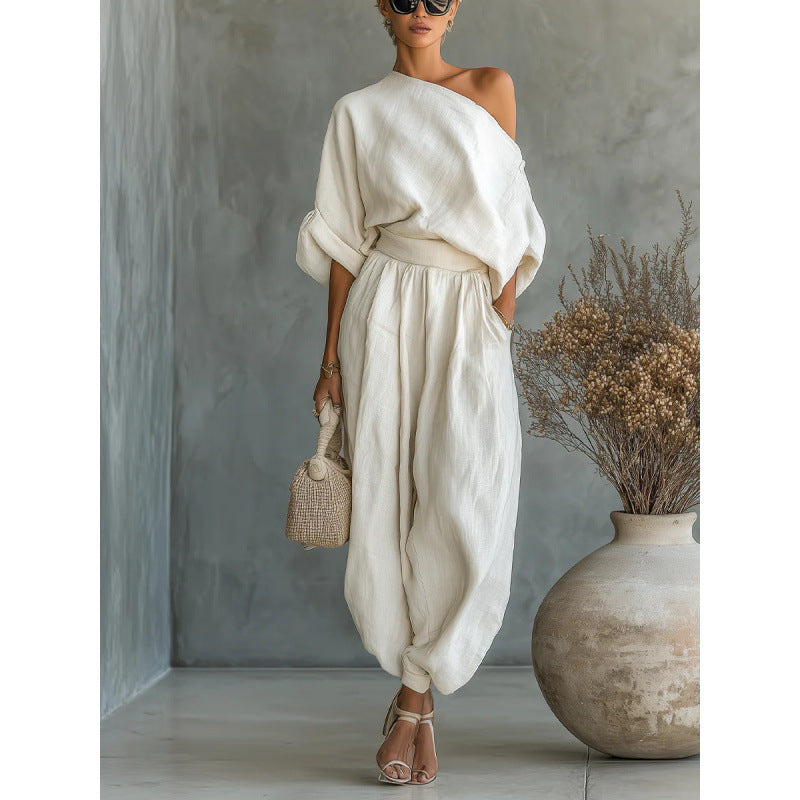 Loose top, flared pants, cotton and linen