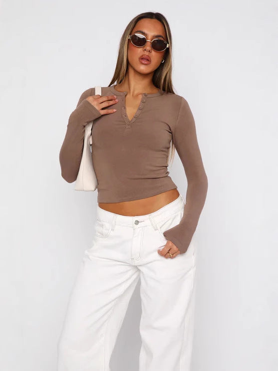 Button Detail V-Neck Long Sleeve T-Shirt