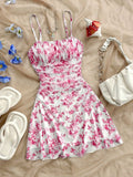 Spring/Summer New French Floral Strapless Dress with Waist-Cinching Design, Perfect for Vacations and Stylish