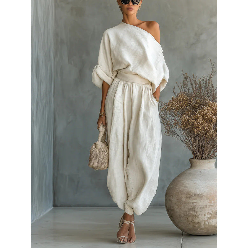 Loose top, flared pants, cotton and linen