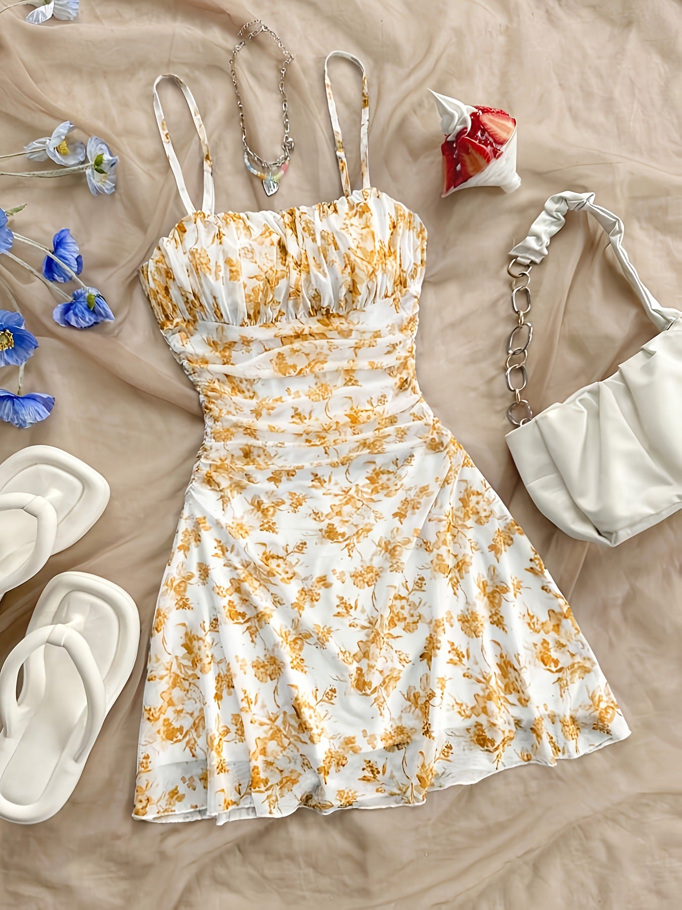 Spring/Summer New French Floral Strapless Dress with Waist-Cinching Design, Perfect for Vacations and Stylish