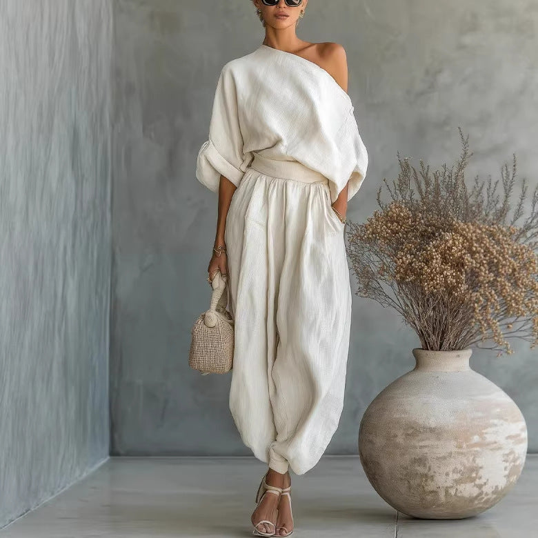Loose top, flared pants, cotton and linen