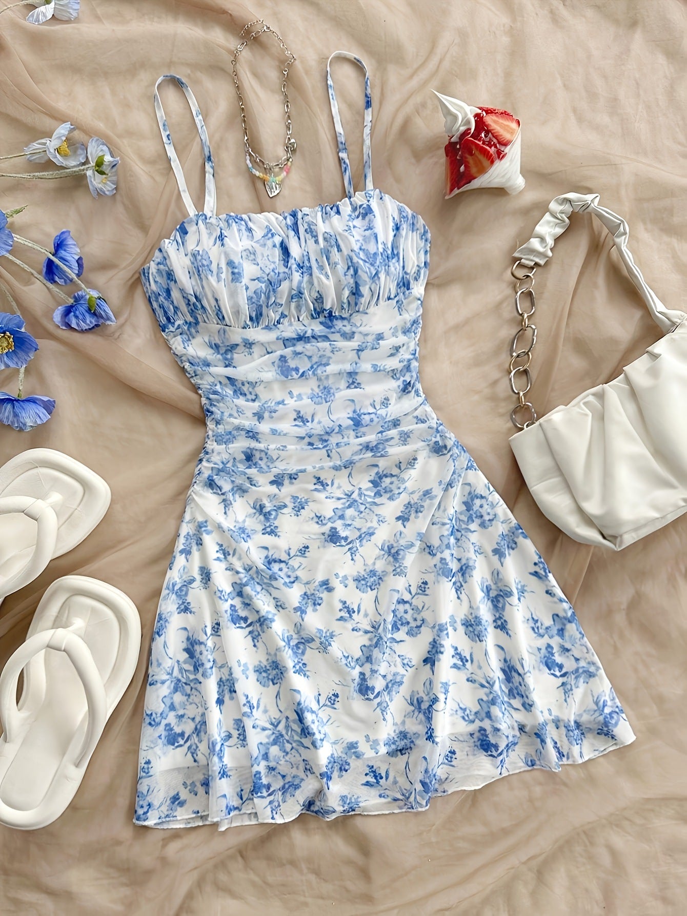 Spring/Summer New French Floral Strapless Dress with Waist-Cinching Design, Perfect for Vacations and Stylish