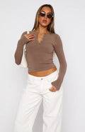 Button Detail V-Neck Long Sleeve T-Shirt