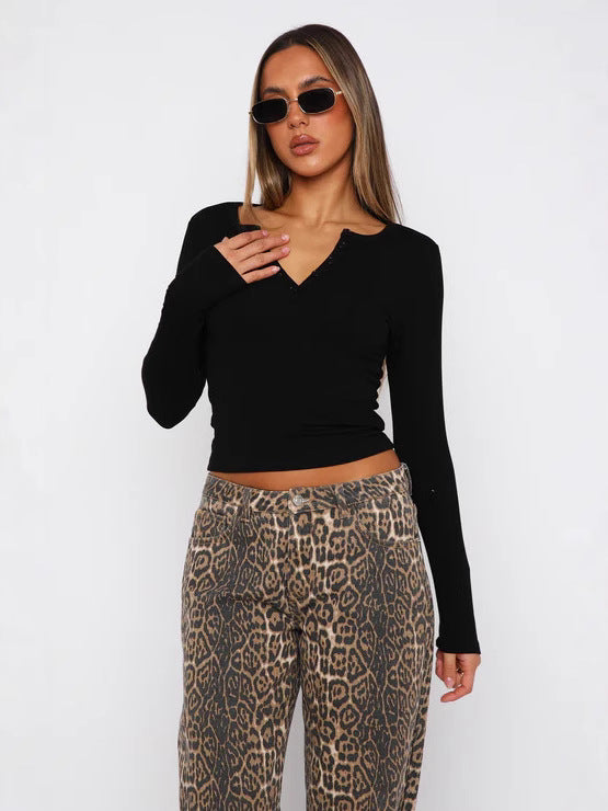 Button Detail V-Neck Long Sleeve T-Shirt