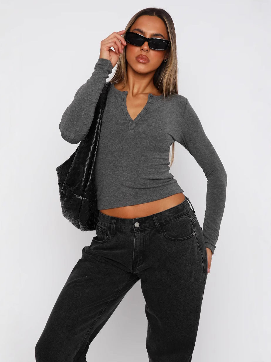 Button Detail V-Neck Long Sleeve T-Shirt
